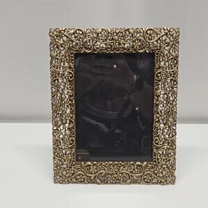 Vintage Fetco Gold Tone Metal Floral Vine Jeweled Picture Photo Frame 5x7